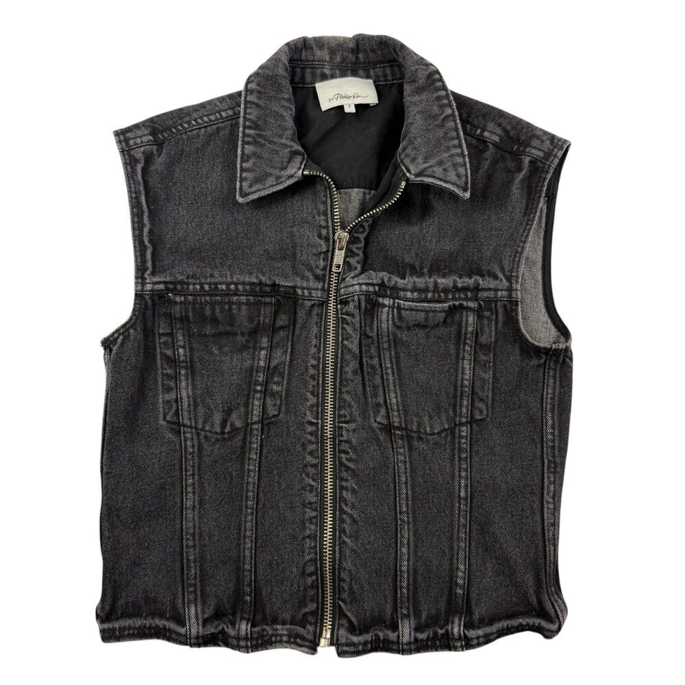 3.1 Phillip Lim Weathered Denim Zip Front Vest Women Size 2 Black Minimalist